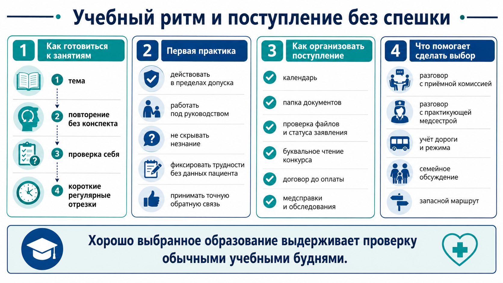 Учебный ритм и поступление в медицинский колледж: подготовка к занятиям, первая практика, проверка документов, медицинские справки, консультации и выбор образовательного маршрута.